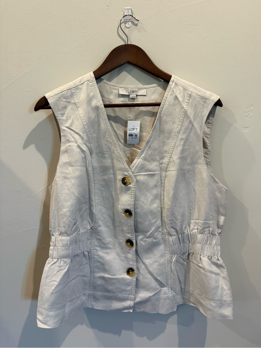 Beige Loft Button Front Vest Cinched Waist